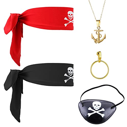 VIKSAUN 5 Pièces Costume Capitaine Pirate Accessoire, Ensemble d'Costume Capitaine Pirate, atches d'oeil de Capitaine Pirate,Pirate Bandana, Boucles d'oreilles en Or Pirate,Collier Vintage