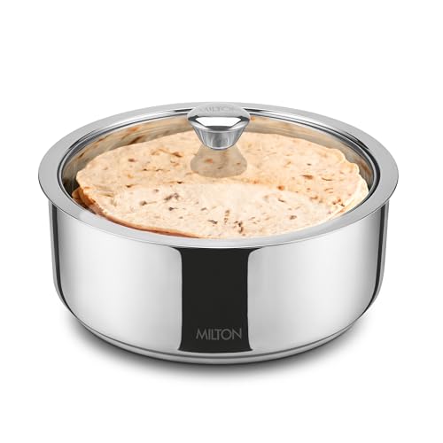 Image of MILTON Castella II Stainless Steel Roti Casserole | Double-Walled Insulated Food Server | Easy-to-Carry Hot Box for Kitchen | Chapati, Paratha Storage | Serving Casserole with Glass Lid | 2500 ml, Silver