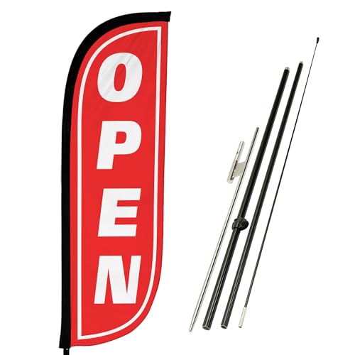 LookOurWay Feather Flag Pole Kit - 7 Feet Tall Advertising Banner with Fiberglass Pole Set and Ground Spike for Business Promotion - Open Flags - Open Red & White