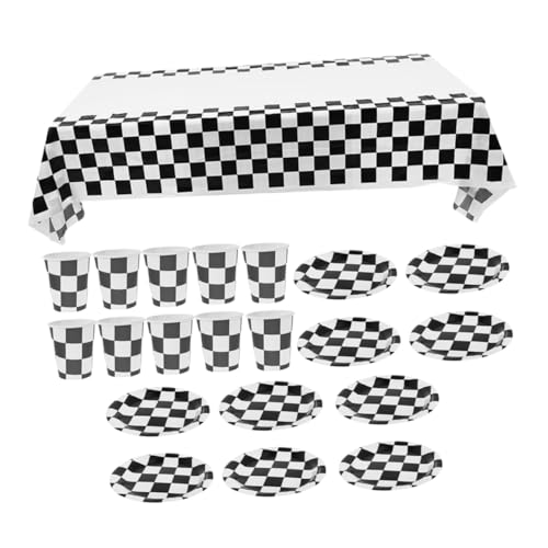 ABOOFAN con Mantel de Cuadros Negro y Blanco para Fiesta Temática de Incluye Vasos de Papel Platos Mantel Suministros para Decoración y Reunión Festiva
