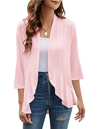 Image of Yekaty Women Cardigan 3 /4 Sleeves Open Front Lightweight Cardigan Draped Ruffles Knit Cardigan