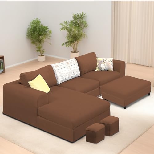 Image of Koza LHS 4 Seater L Shape Sofa Set with Center Table for Living Room (Brown Fabric) Premium Fabric Sofa