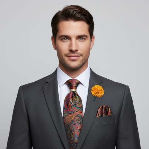 Image of 5PCS Mens Silk Tie, Pocket Square, Cufflinks, Drilled Tie Ring and Lapel Pin Set for Wedding Groom Party