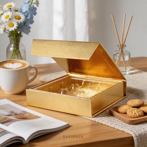 Image of 6 Truffle Boxes, Chocolates Boxes, Gold Truffle Gift Boxes Packaging with 9-Piece Plastics Tray, Magnetic Closure Lid 5.7x5.7x1.3 Inches