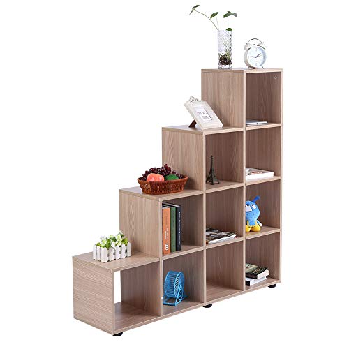 Preisvergleich Produktbild Greensen Lagerregal Holz Bücherregal Raumteiler Stufenregal Treppen Regale Ausstellungsregal Modern Lagerregal mit 10 Gitter Raumteiler Regal Standregal für Büro zu Hause Arbeitszimmer, Eiche