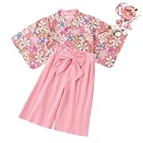 [SLINX] 浴衣 子供 女の子 ガールズ ベビー キッズ 夏祭り 衣装 着物 和装 ゆかた こどもゆかた ヘア飾り 3点セット 和柄 浴衣セット 袴風 上下セット 袴 子供着物 ひな祭り お正月 花火大会 HF421 (ピンク桜, 100)