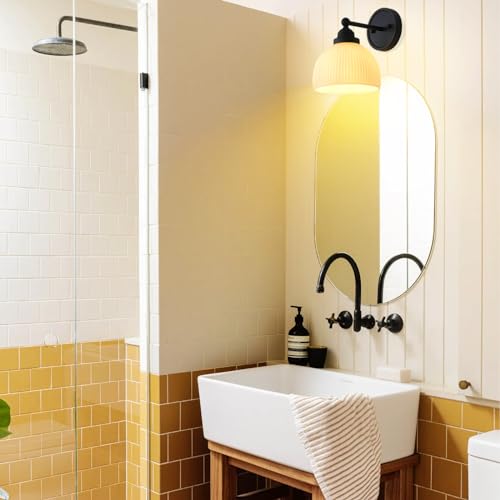 Image of Vintage Wall Sconce 1-Light with White Striped Glass Globe Shade, Indoor Wall Mounted Lamp Fixture for Living Room Bedroom Kitchen Hallway