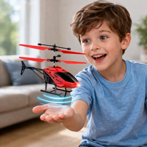 Image of KIDZYMON RC Helicopter with Hand Gravity Sensor, Flying Remote Control Helicopter Toy, Chargeble, 3D Light & Safety Sensor for Kids Age 4+ Years I Pack of 1 (RED Color)