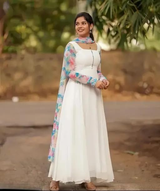 Image of Anveri Textiles Women's Elegant White Anarkali Dress with Floral Printed Dupatta | Long Flared Ethnic Gown | Party Kurti Set
