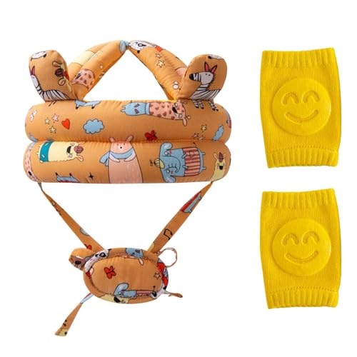 Casco Bebe Golpes, Protector Cabeza Bebe Golpes, Protector Cabeza Bebe Casco Bebe De Algodón Agradable Para La Piel, Apto Para Bebés De 8 A 36 Meses, Con Rodilleras (Caqui Cebra)