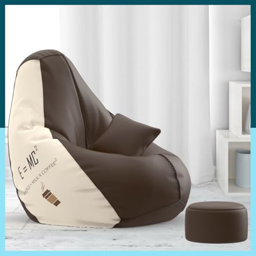 Image of Biggie Bean Bag Chair with Beans Filled - Bean Bag Sofa with Footrest - E=Mc2 Brown Cream Printed Bean Bags for Living Room, Bedroom - Free Cushion & Footrest - Beancanvas Combo - Faux Leather, 4XL