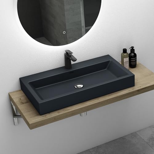 Mai & Mai Lavabo de Pared Antracita Mate con Rebosadero col06 Lavabo sobre Encimera Rectangular de Fundición Mineral con 1 Orificio para Grifo 76.5x42x10cm