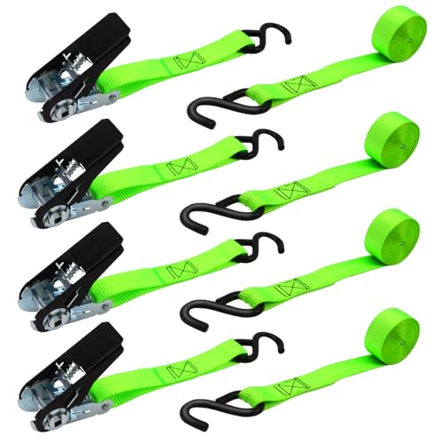 XSTRAP STANDARD Ratchet Tie Down Straps 4 Pk 10 Ft- 300 Lbs Load Cap- 900 Lbs Break Strength-Cargo Straps for UTV, ATV, Pickup,Truck, Moving Appliances, Lawn Equipment, Neon Green