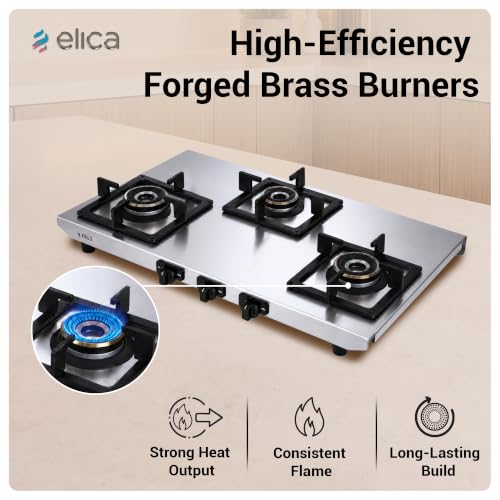 Image of Elica 3 Burner 2mm Stainless Steel Gas Stove | INOX HD 3B 77 SG | 77cm Wide Layout, Forged Brass Burners - 1 Jumbo 1 Medium & 1 Small Burner, Square Grid Pan Support, 2 Yr Warranty
