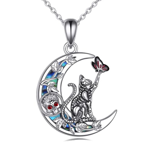 YAFEINI Dia de Los Muertos Cat Necklace Sterling Silver Black Cats Pendant Skeleton Necklace Cat Jewelry for Women