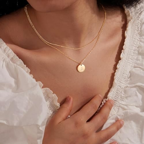 IEFWELL Initial Necklaces for Women Girls - 14K Gold-Plated Silver Double Side Engraved Hammered Coin Necklaces, Layered Necklace Jewelry Pendant for Teen Girls2