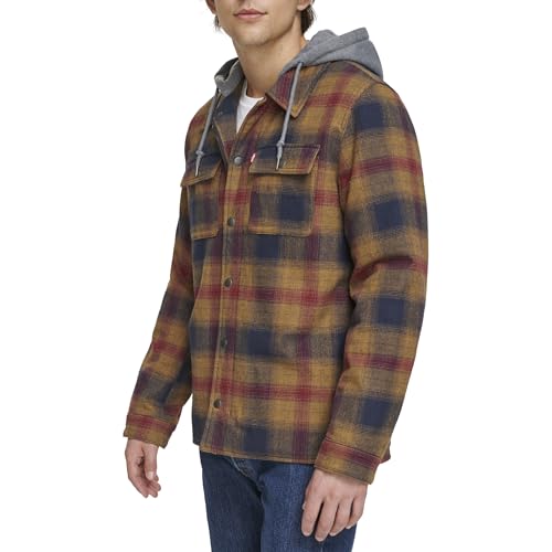 Image of Levi's mens Plaid Sherpa Lined Hooded Shirt Jacket (Regular & Big & Tall Sizes)