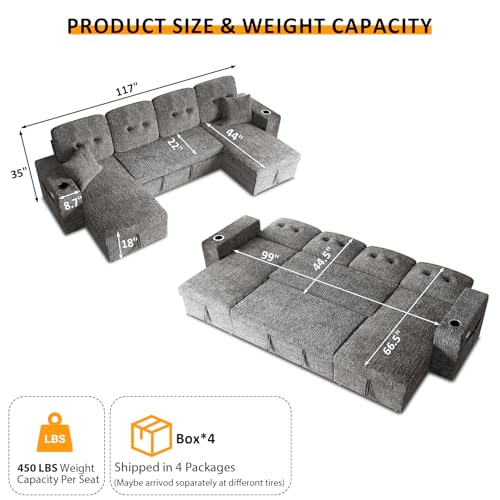 Image of Modular Sectional Sleeper Sofa Bed, 117 inch U-Shaped Sofa with Dual Storage Chaise | Reclining Backrest | Wide Armrest, Couches for Living Room, 4 in 1 Pull Out Couch Bed, Grey