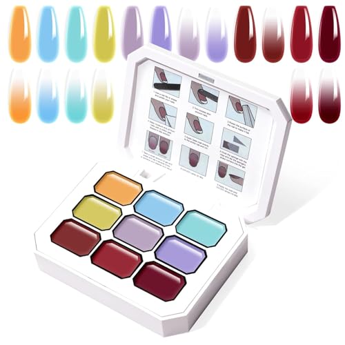 Image of THR3E STROKES Solid Cream GelPolish Set, 9 Colors Pudding Gel Nail Polish Palette with Nail Brush, Nude Pink Orange Red Solid Gel Polish Nail Art Kit Soak Off Portable Gift for Girls /Friend DIY Home (C)