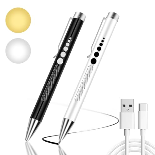 Flintronic 2 Piezas Linterna de Bolígrafo de Diagnóstico Médico, LED Luz Médica Recargable, Con Medidor De Pupila Y Clip, Con cable de carga tipo C, Puede Escribir, Para Cuidado Personal, Iluminación