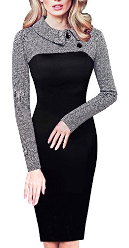 HOMEYEE Women's Retro Chic Colorblock Lapel Career Tunic Dress B238 (M, Gray)