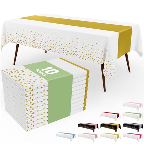 Image of Smiry Plastic Table Cloth Disposable 10 Pack, 54 x 108 Inch Rectangle Waterproof Tablecloth, Printed Gold Table Runner Style for Birthday Weeding, Party Decorations, Leakproof & Sturdy, White and Gold