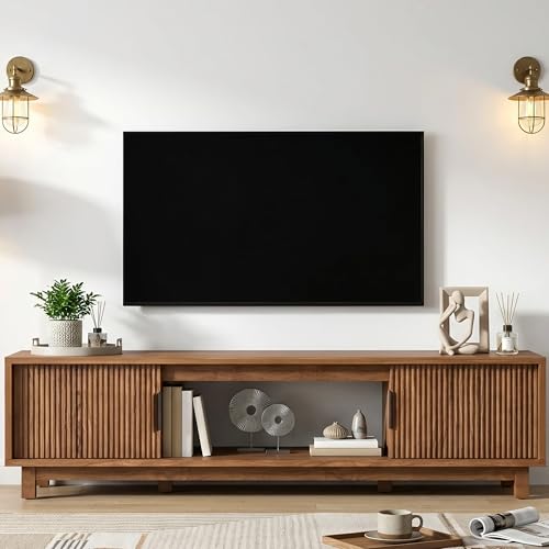 BRITEMART Fluted TV Stand, Mid Century Modern TV Stands for Living Room, Walnut Entertainment Center for 55/60/65 Inch TV, TV Console with Storage Cabinets and Open Shelves, 58' Long