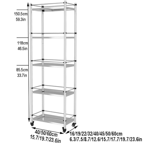 Image of 5-Tier Stainless Steel Utility Cart with WheelsKitchen Work Table Pot and PanHeavy-Duty Metal Storage Rack 40 x 32 x 84 cm Ideal for Home and Restaurant,Silber-15.7X7.5X46.5IN