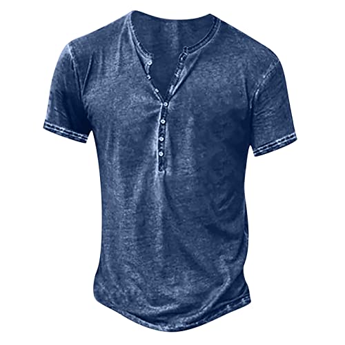 Men's Distressed Henley Shirts Vintage Short Sleeve Button Down Pullover Tops Trendy Summer Casual Basic T-Shirt