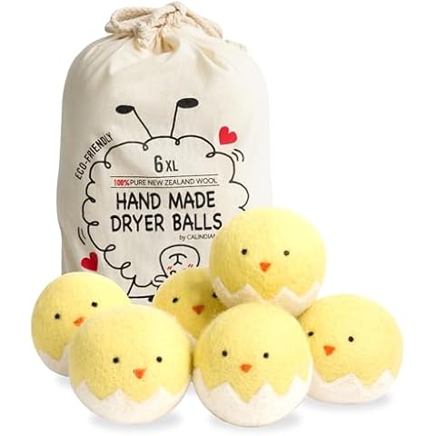 Calindiana 100% Organic Premium New Zealand Wool Dryer Balls Laundry Reusable Fabric Softener, Cute Dryer Sheets Alternative, Anti Static XL Size 6 Pack, Yellow Chick Cover