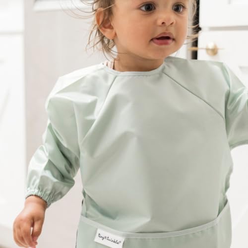 Image of Tiny Twinkle Long Sleeve Bib for Babies & Toddlers | 2-Pack Waterproof Smock Bib for Eating | Machine Washable & Mess-Proof Feeding Essentials | Newborn Shower Gift (Sage Charcoal,2-4Y)
