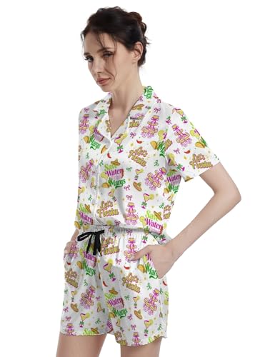 Image of Funny Satin Pajamas Set for Women Button Down Sleepwear Print Pjs Set 2 Piece Short Sleeve Loungewear Gift for Women