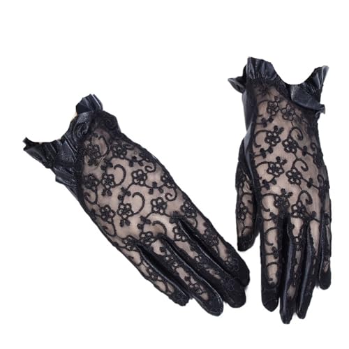 Guantes de piel de oveja finos que evitan manos frías con encaje estilizado negro S