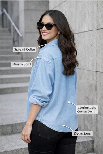 Image of FUNDAY FASHION Women Oversized Fit Solid Casual Denim Shirt