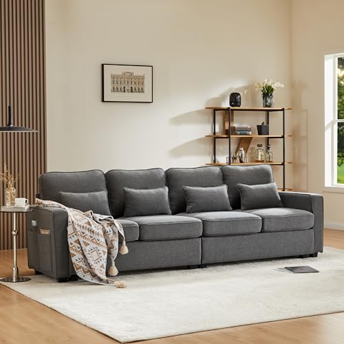 Sapgaks - Sofá moderno de 4 plazas de tela de lino con bolsillos para reposabraz...