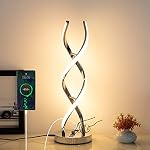 LED Modern Table Lamp, Stepless Dimmable Spiral Table Lamps for Bedroom, 3 Colors Touch Control Bedside Nightstand Lamp with 1 USB Charging Ports, Desk Lamps for Living Room Office (Silver)