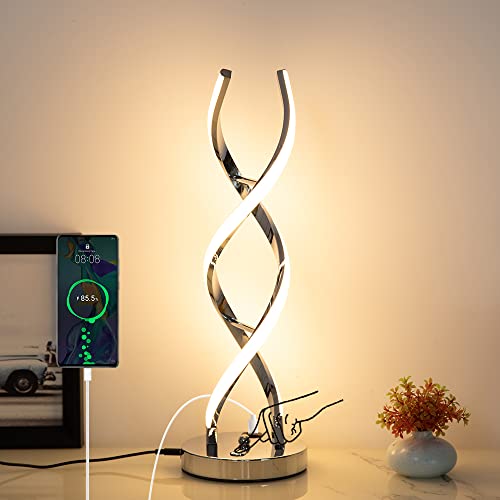 EIDEARAY Lámpara de mesa LED moderna, lámpara de mesa LED en espiral regulable sin paso para dormitorio, lámpara de mesa de noche con control táctil de 3 colores con 1 puerto de carga USB, lámparas de escritorio para decoración de sala de estar, oficina