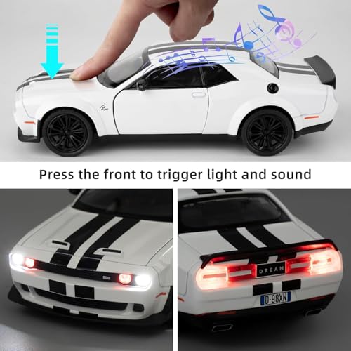 Image of 1:22 Dodge Challenger SRT Hellcat Model Car - Green Diecast Vehicle Toy with Pull Back Function, Lights & Sounds | Collectible Toy Car Model for Adults & Kids Birthday Gift (White)