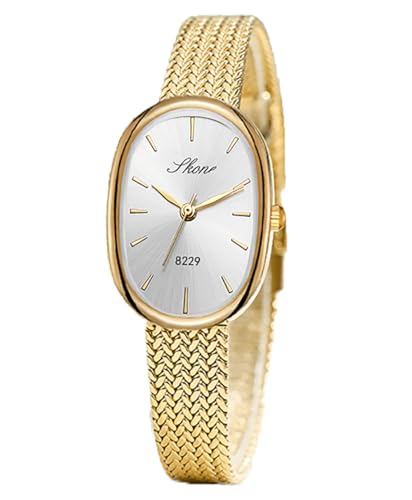 Montre en acier inoxydable ovale et dorée avec un bracelet exquis pour femme active