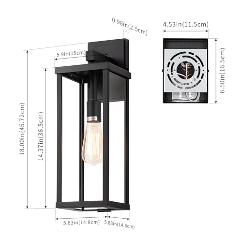 Image of mirrea 18 inch Classic Outdoor Wall Sconce 1 Light in Matte Black Rectangular Metal Frame and Clear Glass Shade Waterproof Porch Light Patio Light Pack of 2
