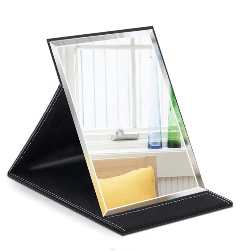 Makeup Mirror,Portable Folding Mirror with Adjustable Stand for Tabletop,PU Leather,Perfect Size for Camping,Vocation,Home Vanity and Office Desk (Black)-image-22