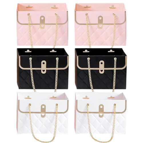 EUBUY 6 PCS Flower Paper Gift Bag, Bouquet Storage Bucket with Metal Chain, Bouquet Wrapping Basket for Wedding Valentines Day Christmas Gifts, Flower Boxes for Arrangements
