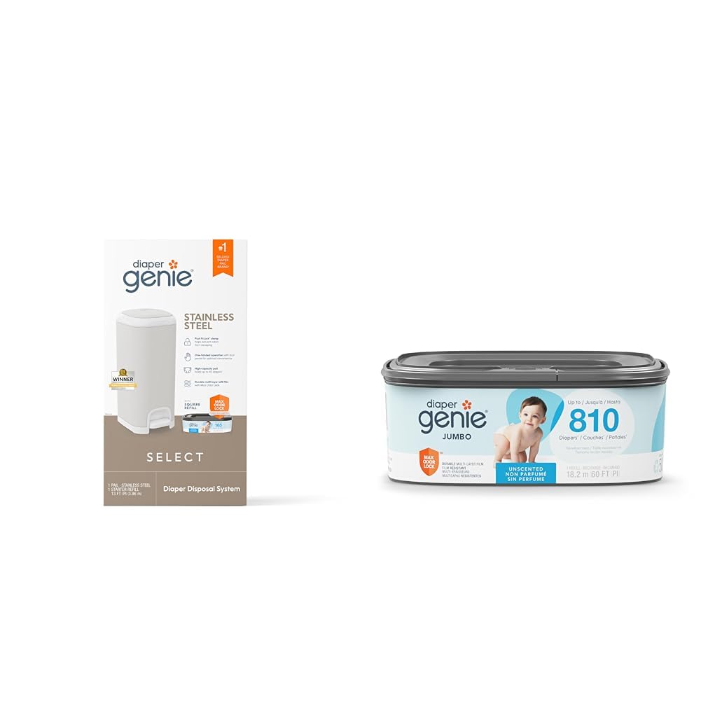 Bundle of Diaper Genie Select Pail (Grey) is Made of Durable Stainless Steel and Includes 1 Starter Square Refill That can Hold up to 165 Newborn-Sized Diapers. + Diaper Genie Jumbo Square Refill