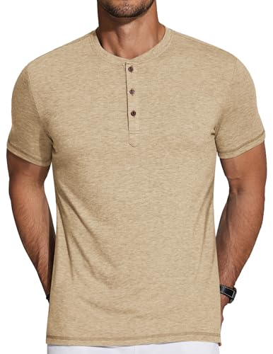 COOFANDY Herren Henley Tshirt Sommer Kurzarmshirt Henley Shirt Knopfleiste T-Shirts Freizeit T-Shirt Leicht T Shirts Atmungsaktive Hell Khaki L