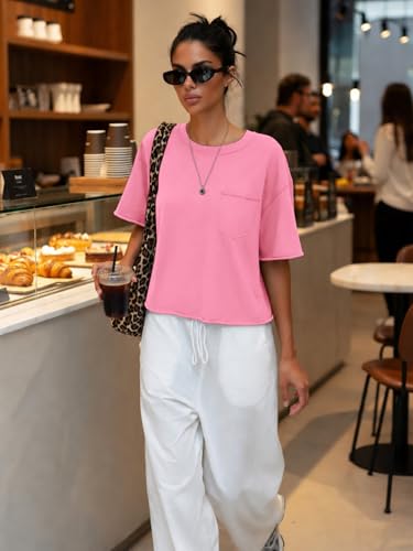 Image of ATHMILE Womens Crop Tops Workout Shirts Gym Oversized Spring Summer Basic Tees Short Sleeve Casual Loose Drop Shoulder 2026
