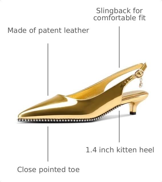 Image of TNYNFBEB Womens Low Kitten Heel Close Pointed Toe Pumps Slingback Silver Beaded Buckle Prom Party Dress Patent Leather 1.4 Inches Heels