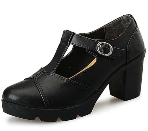 DADAWEN Women's Classic T-Strap Platform Mid-Heel Square Toe Oxfords Dress Shoes Black US Size 8.5