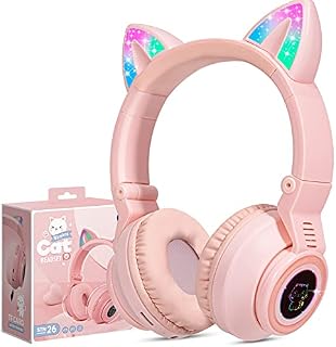 JYPS Kids Headphones Wireless Light Up Cat Ear Bluetooth Headphones Over Ear Childrens Foldable Headphones w/Microphone for Amazon Fire Tablet/Laptop/iPad (Pink)