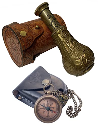 Cannocchiale in ottone anticato con custodia in pelle + bussola vintage con custodia in pelle nera e decorazione natalizia