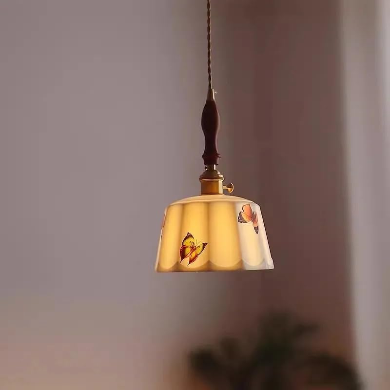Lustre céramique blanche et bois rétro - Lampe suspendue LED avec interrupteur pour intérieur